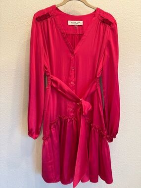 Taylor Fuchsia V-Neck Button Front Tie-Waist Dress